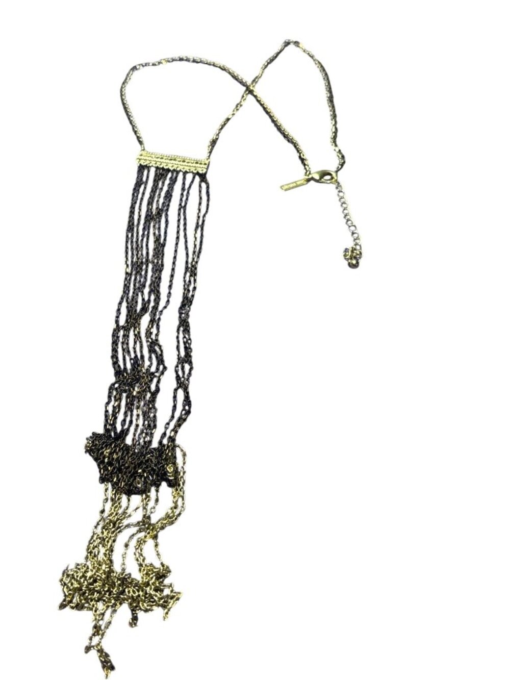 Lane Bryant Multi Strand Necklace Goldtone Brown Chain Fringe Rhinestones